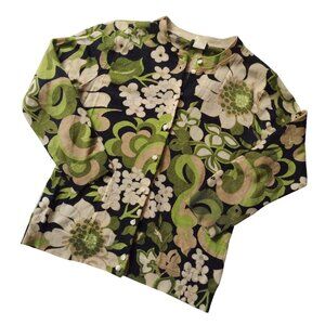 J Crew Womens Floral Cardigan S Green Groovy Wool Lightweight Sweater